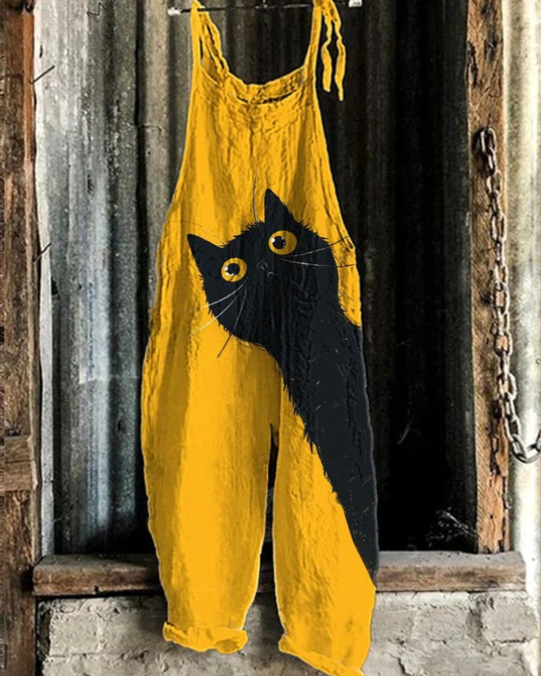 Solea | Lightweight yellow artisan overalls with black cat